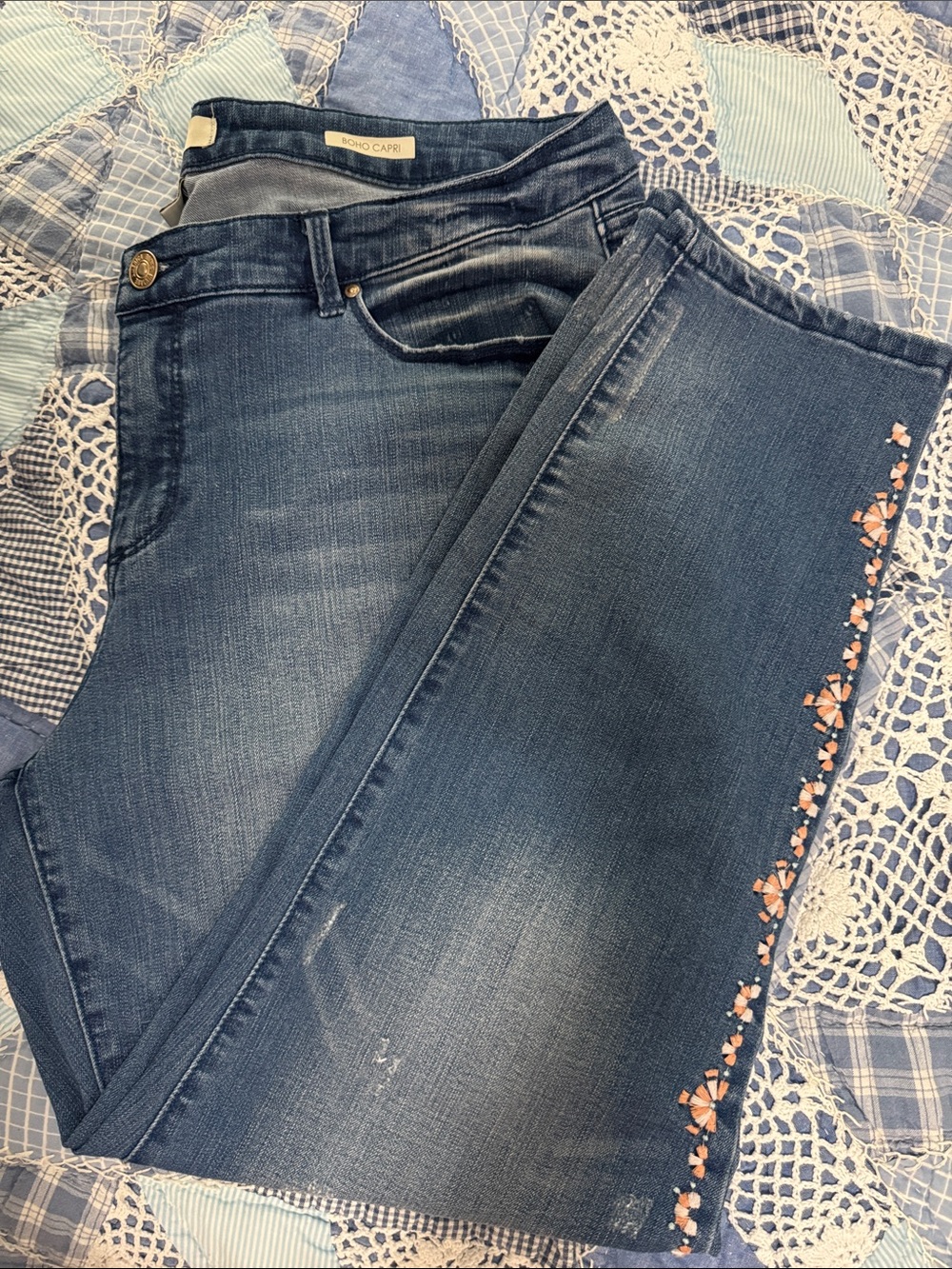 Vintage America Blue Ankle Jeans with Pink Floral Side Embroidery